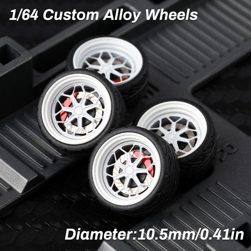 KicarMod 1/64 Functional Wheels Type-B, Alloy Hubs with Rubber Tires, Diameter 10.5mm, Featuring Ball Bearings for Smooth Rotation