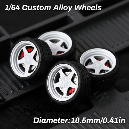 KicarMod 1/64 Functional Wheels Type-D, Alloy Hubs with Rubber Tires, Diameter 10.5mm, Featuring Ball Bearings for Smooth Rotation