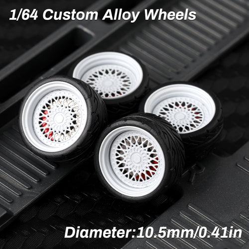 KicarMod 1/64 Functional Wheels Type-E, Alloy Hubs with Rubber Tires, Diameter 10.5mm, Featuring Ball Bearings for Smooth Rotation