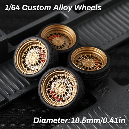 KicarMod 1/64 Functional Wheels, Alloy Hubs with Rubber Tires, Featuring Ball Bearings for Smooth Rotation