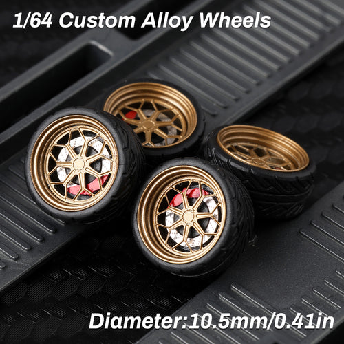 KicarMod 1/64 Functional Wheels Type-B, Alloy Hubs with Rubber Tires, Diameter 10.5mm, Featuring Ball Bearings for Smooth Rotation