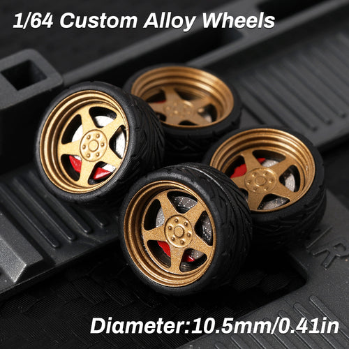 KicarMod 1/64 Functional Wheels Type-D, Alloy Hubs with Rubber Tires, Diameter 10.5mm, Featuring Ball Bearings for Smooth Rotation