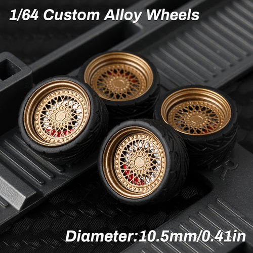 KicarMod 1/64 Functional Wheels Type-E, Alloy Hubs with Rubber Tires, Diameter 10.5mm, Featuring Ball Bearings for Smooth Rotation