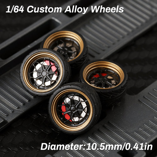 KicarMod 1/64 Functional Wheels Type-B, Alloy Hubs with Rubber Tires, Diameter 10.5mm, Featuring Ball Bearings for Smooth Rotation