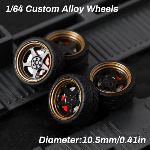 KicarMod 1/64 Functional Wheels Type-D, Alloy Hubs with Rubber Tires, Diameter 10.5mm, Featuring Ball Bearings for Smooth Rotation