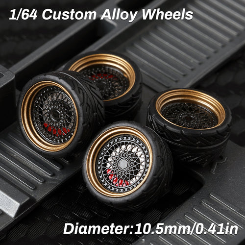 KicarMod 1/64 Functional Wheels Type-E, Alloy Hubs with Rubber Tires, Diameter 10.5mm, Featuring Ball Bearings for Smooth Rotation