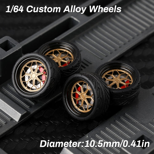 KicarMod 1/64 Functional Wheels Type-B, Alloy Hubs with Rubber Tires, Diameter 10.5mm, Featuring Ball Bearings for Smooth Rotation