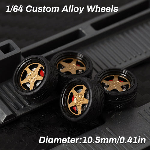 KicarMod 1/64 Functional Wheels Type-D, Alloy Hubs with Rubber Tires, Diameter 10.5mm, Featuring Ball Bearings for Smooth Rotation
