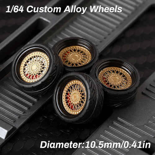 KicarMod 1/64 Functional Wheels Type-E, Alloy Hubs with Rubber Tires, Diameter 10.5mm, Featuring Ball Bearings for Smooth Rotation