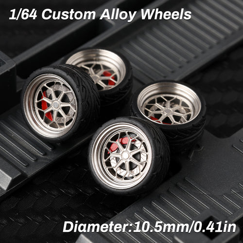 KicarMod 1/64 Functional Wheels Type-B, Alloy Hubs with Rubber Tires, Diameter 10.5mm, Featuring Ball Bearings for Smooth Rotation