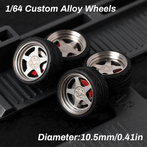 KicarMod 1/64 Functional Wheels Type-D, Alloy Hubs with Rubber Tires, Diameter 10.5mm, Featuring Ball Bearings for Smooth Rotation