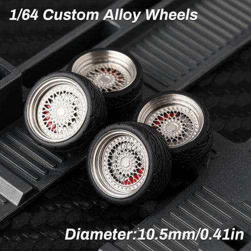 KicarMod 1/64 Functional Wheels Type-E, Alloy Hubs with Rubber Tires, Diameter 10.5mm, Featuring Ball Bearings for Smooth Rotation