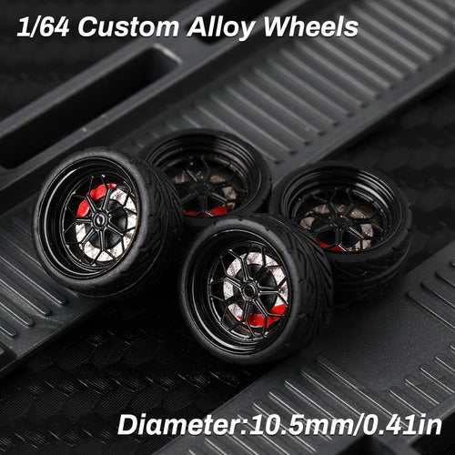KicarMod 1/64 Functional Wheels Type-B, Alloy Hubs with Rubber Tires, Diameter 10.5mm, Featuring Ball Bearings for Smooth Rotation