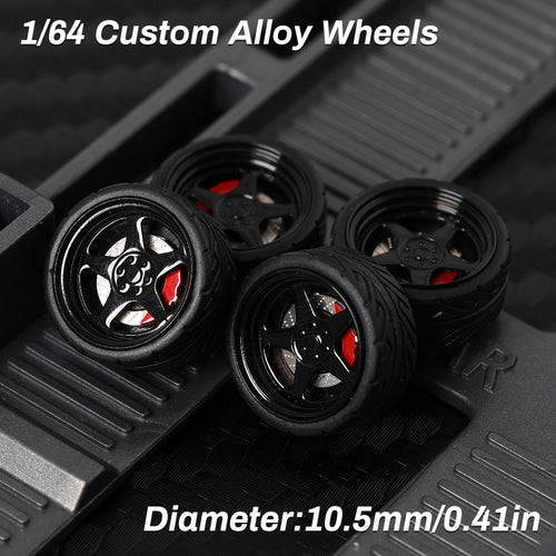 KicarMod 1/64 Functional Wheels Type-D, Alloy Hubs with Rubber Tires, Diameter 10.5mm, Featuring Ball Bearings for Smooth Rotation