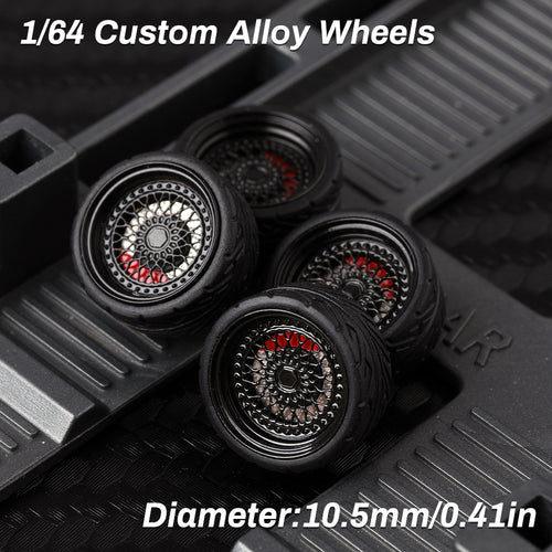 KicarMod 1/64 Functional Wheels Type-E, Alloy Hubs with Rubber Tires, Diameter 10.5mm, Featuring Ball Bearings for Smooth Rotation