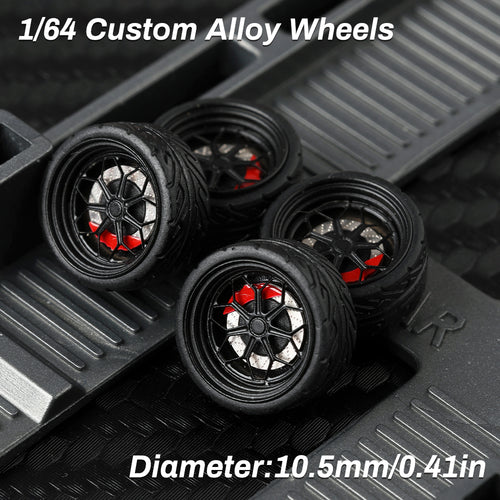 KicarMod 1/64 Functional Wheels Type-B, Alloy Hubs with Rubber Tires, Diameter 10.5mm, Featuring Ball Bearings for Smooth Rotation
