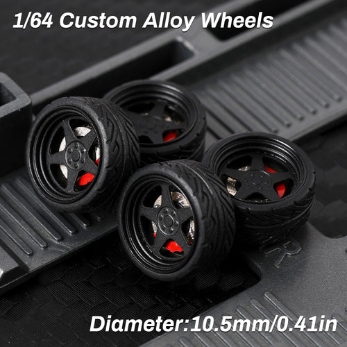 KicarMod 1/64 Functional Wheels Type-D, Alloy Hubs with Rubber Tires, Diameter 10.5mm, Featuring Ball Bearings for Smooth Rotation