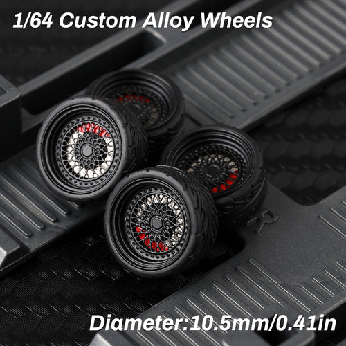 KicarMod 1/64 Functional Wheels Type-E, Alloy Hubs with Rubber Tires, Diameter 10.5mm, Featuring Ball Bearings for Smooth Rotation