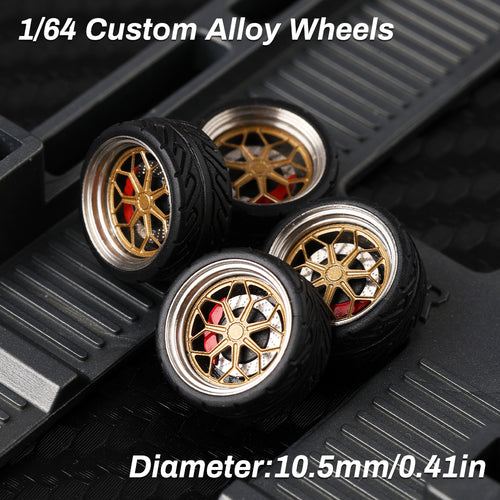 KicarMod 1/64 Functional Wheels Type-B, Alloy Hubs with Rubber Tires, Diameter 10.5mm, Featuring Ball Bearings for Smooth Rotation