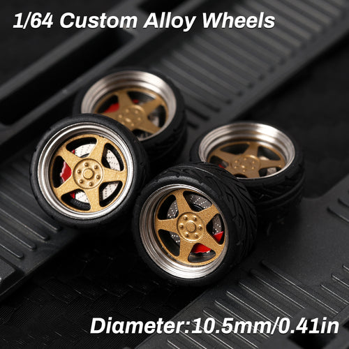 KicarMod 1/64 Functional Wheels Type-D, Alloy Hubs with Rubber Tires, Diameter 10.5mm, Featuring Ball Bearings for Smooth Rotation