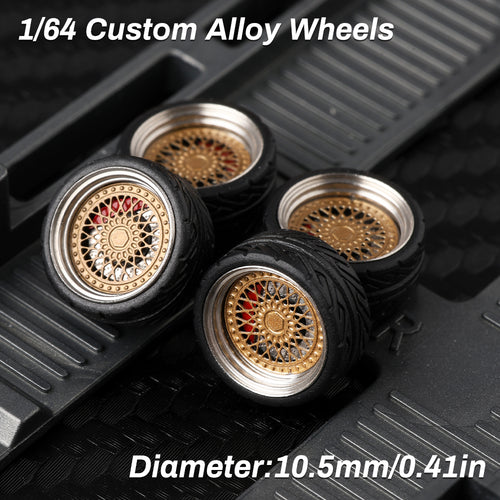 KicarMod 1/64 Functional Wheels Type-E, Alloy Hubs with Rubber Tires, Diameter 10.5mm, Featuring Ball Bearings for Smooth Rotation