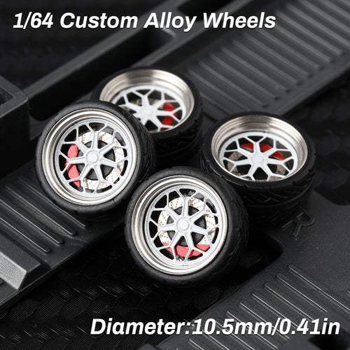 KicarMod 1/64 Functional Wheels Type-B, Alloy Hubs with Rubber Tires, Diameter 10.5mm, Featuring Ball Bearings for Smooth Rotation
