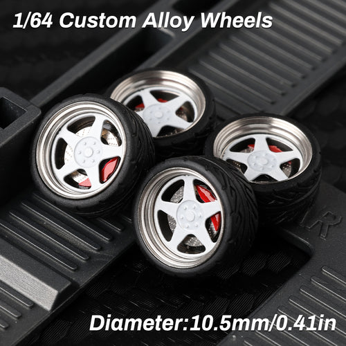 KicarMod 1/64 Functional Wheels Type-D, Alloy Hubs with Rubber Tires, Diameter 10.5mm, Featuring Ball Bearings for Smooth Rotation
