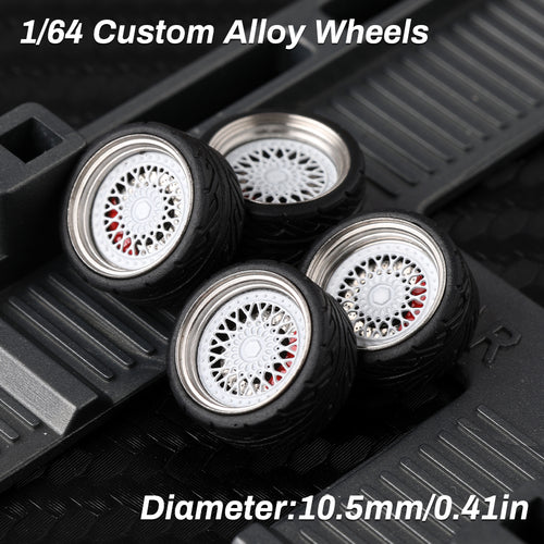 KicarMod 1/64 Functional Wheels Type-E, Alloy Hubs with Rubber Tires, Diameter 10.5mm, Featuring Ball Bearings for Smooth Rotation