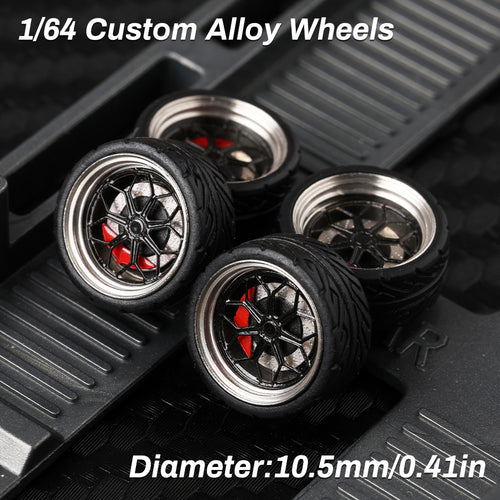 KicarMod 1/64 Functional Wheels Type-B, Alloy Hubs with Rubber Tires, Diameter 10.5mm, Featuring Ball Bearings for Smooth Rotation