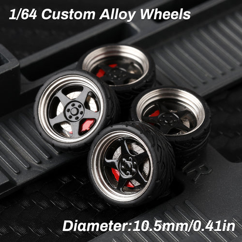 KicarMod 1/64 Functional Wheels Type-D, Alloy Hubs with Rubber Tires, Diameter 10.5mm, Featuring Ball Bearings for Smooth Rotation