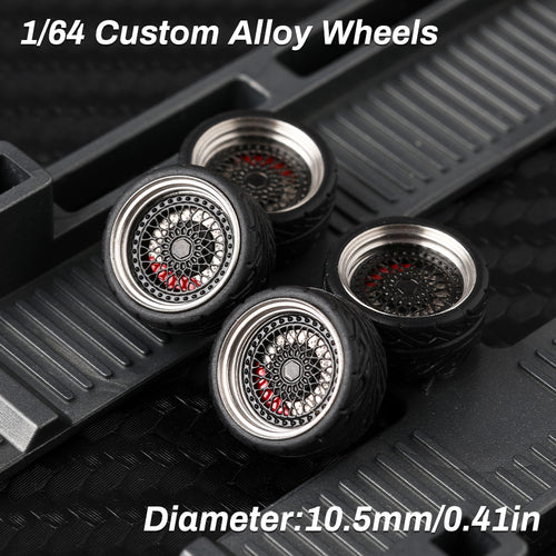 KicarMod 1/64 Functional Wheels Type-E, Alloy Hubs with Rubber Tires, Diameter 10.5mm, Featuring Ball Bearings for Smooth Rotation